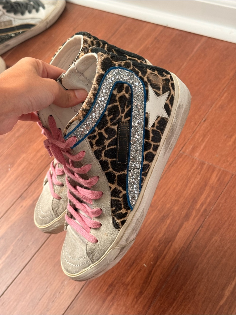 Leopard Print High-Top Sneakers with Pink Laces size 37